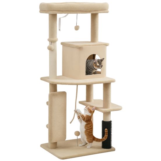 Tour de jeux pour chat avec lit brosse de toilettage et niche 132 cm beige