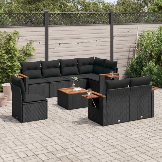 Salon de jardin 9 pcs avec coussins noir résine tressée