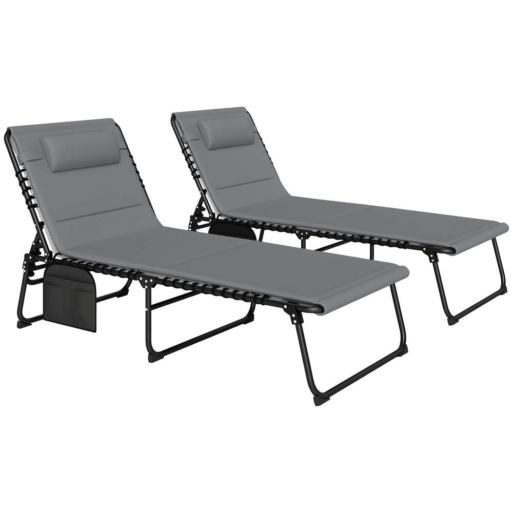 Lot 2 transats jardin pliables 5 positions, oreiller et poche latérale couleur gris
