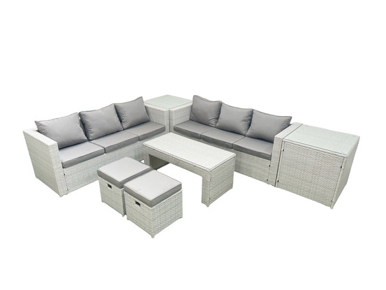 8 places salon de jardin extérieur canapé de jardin en rotin table basse avec 2 petit pouf 2 tables d'appoint gris clair mixte