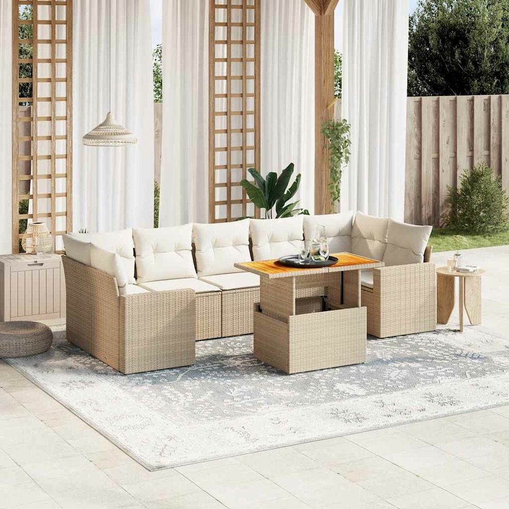Salon de jardin avec coussins 8 pcs beige résine tressée