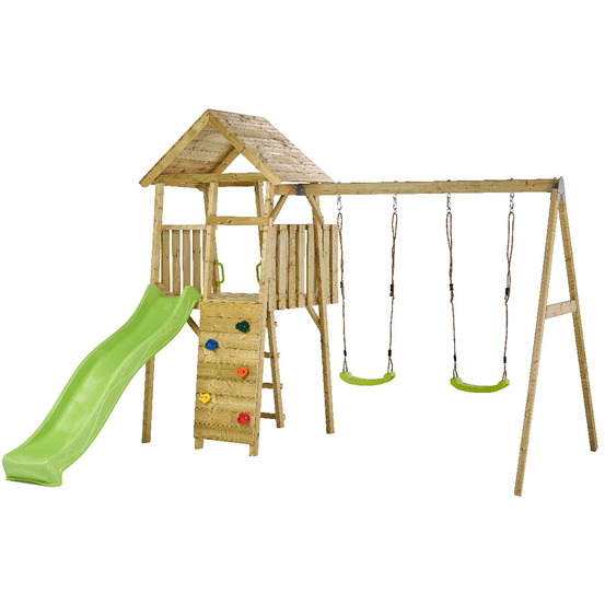 Aire de jeux bois, 2 balançoires, toboggan, escalade, cabane woodi