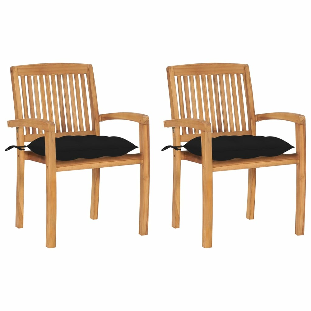 Chaises de jardin 2 pcs avec coussins noir bois de teck massif