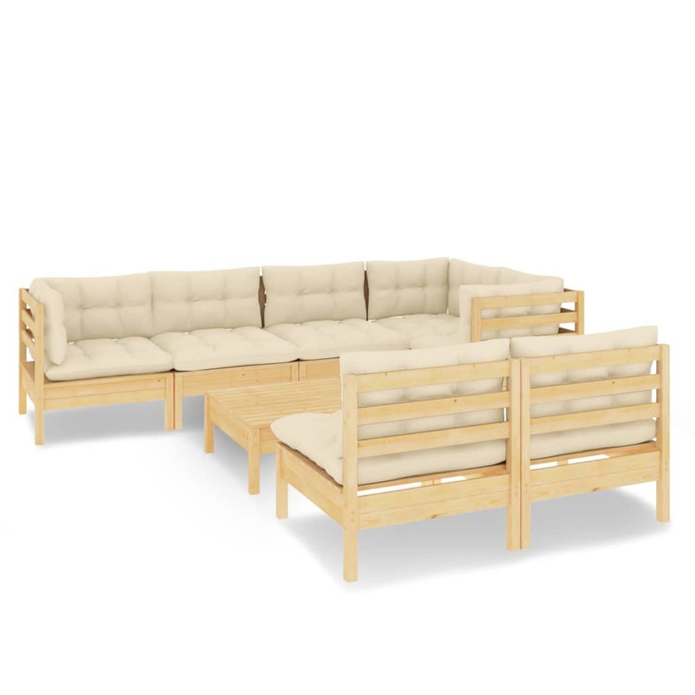 Salon de jardin 8 pcs avec coussins crème bois de pin massif