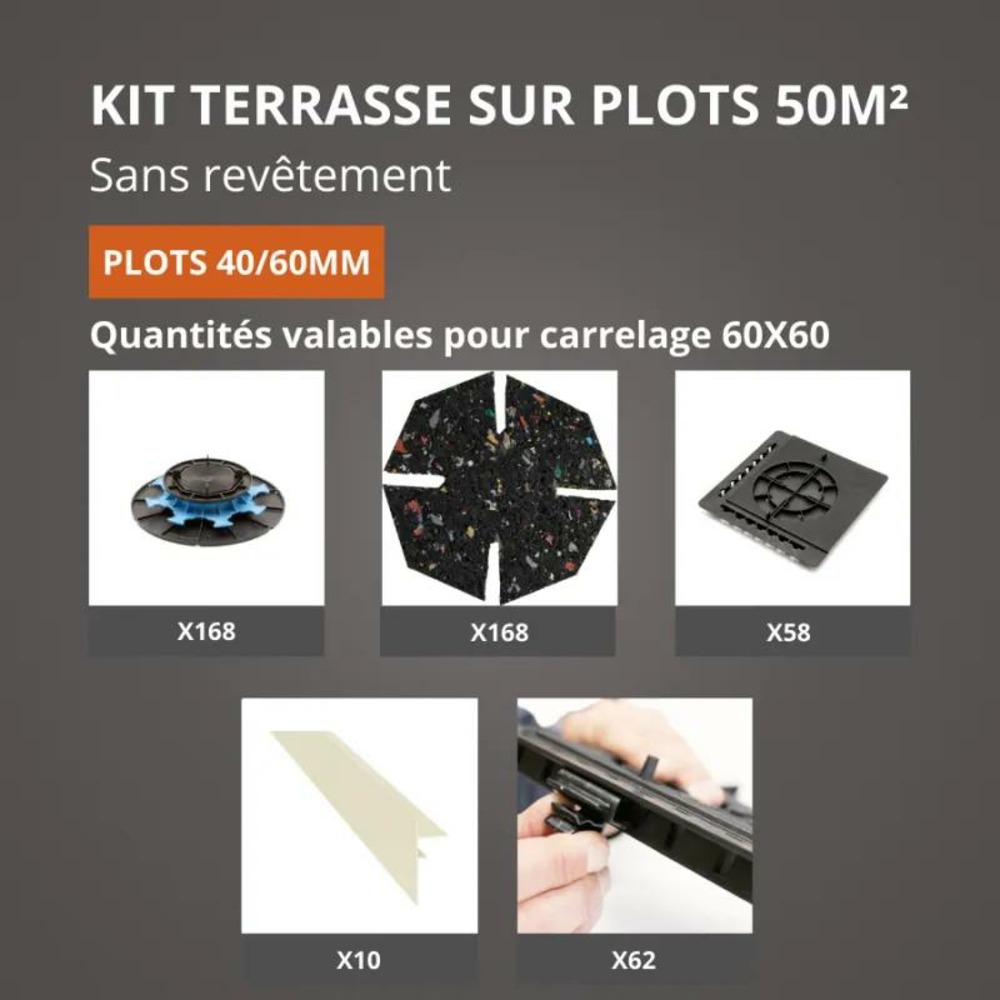 Kit terrasse sur plots sans revêtement 50m² - finition blanc perle - 40/60 mm - jouplast