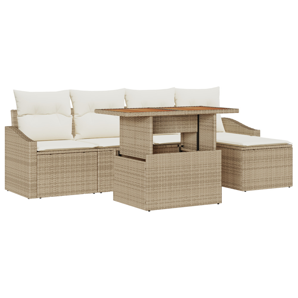 Ensemble de salle à manger de jardin 6 pièces avec coussins beige en rattan poly acacia