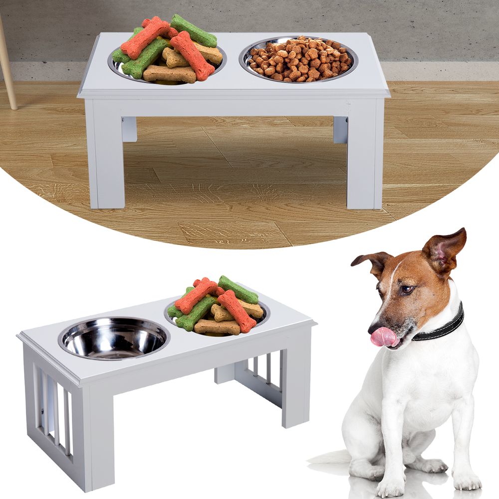 Station repas surélevée pour chien mdf et inox 58,4 x 30,5 x 25,4 cm blanche 2 gamelles 2 l hygiéniques