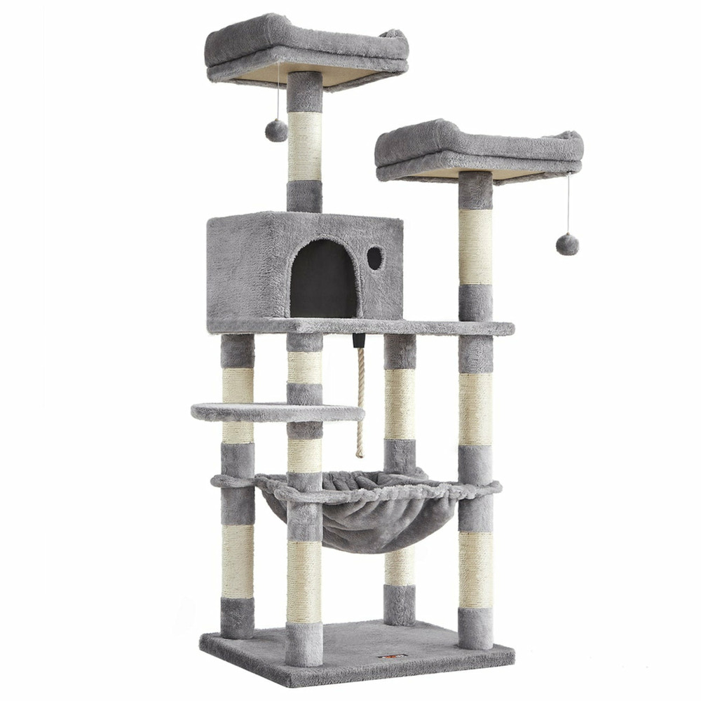 Arbre à chat stable avec niche hauteur de 143 cm gris clair