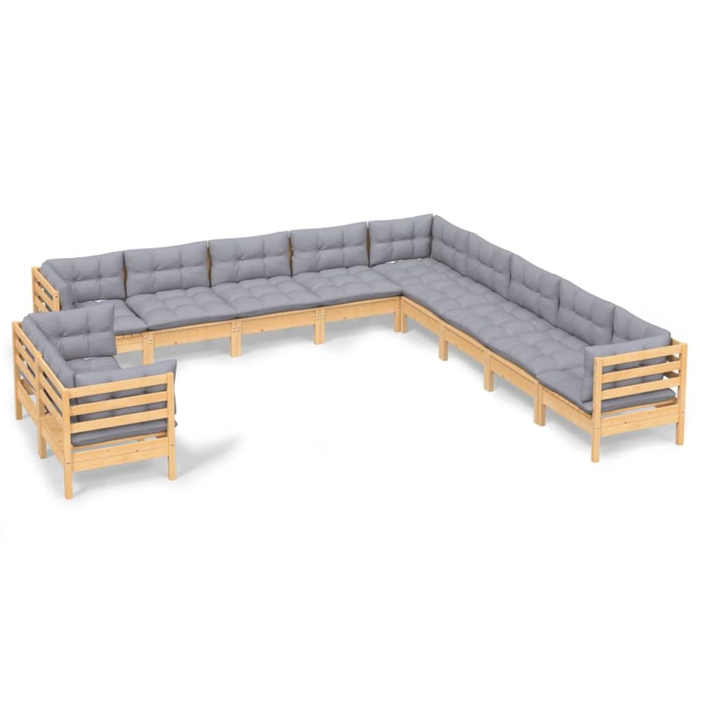 Salon de jardin 11 pcs avec coussins gris bois de pin solide