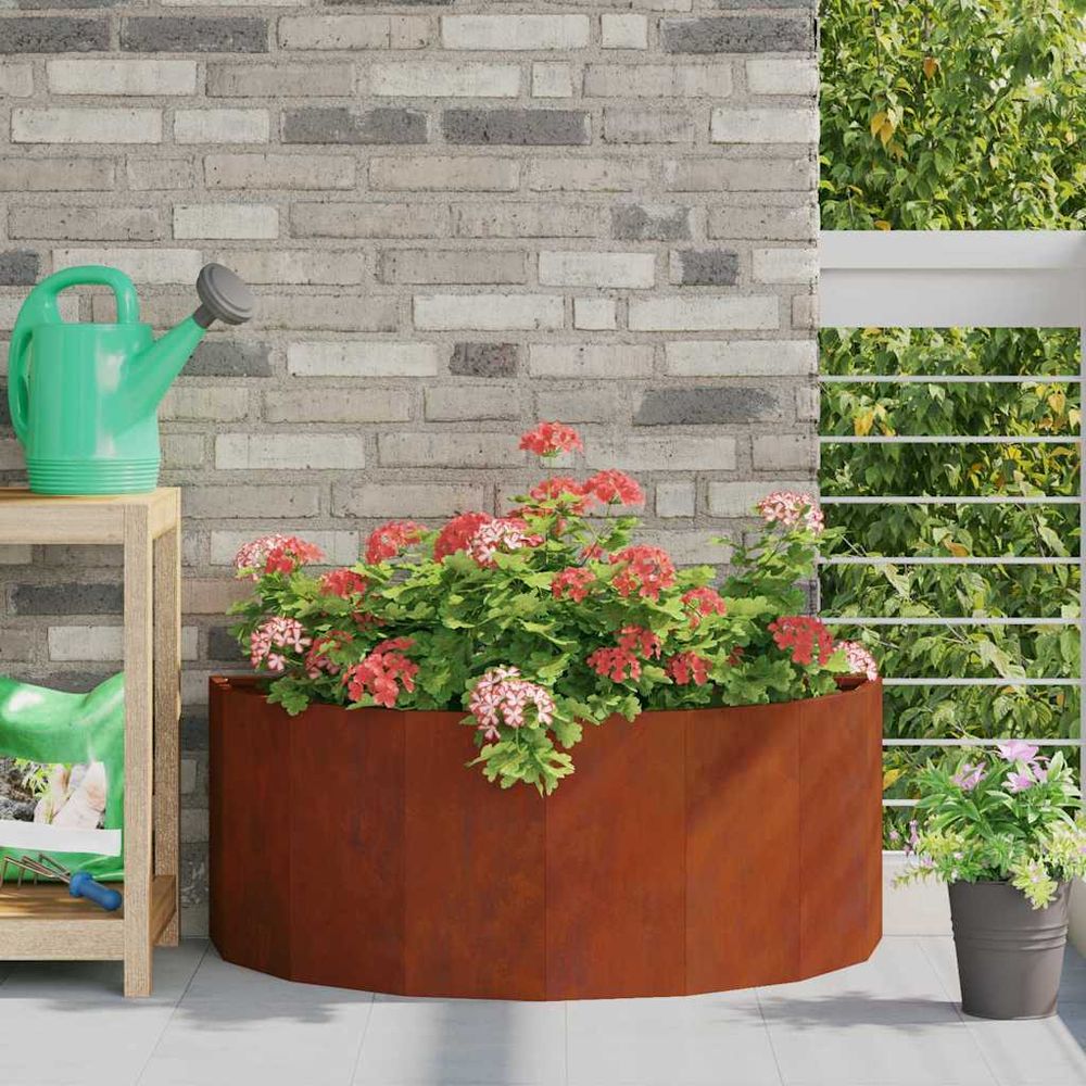 Jardinière demi-ronde acier corten effet rouillé pour jardin 90x45 cm