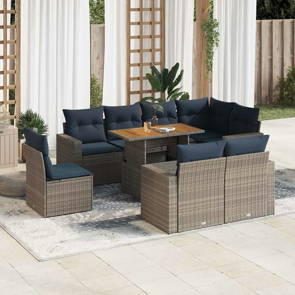 Salon de jardin 9 pcs avec coussins gris résine tressée