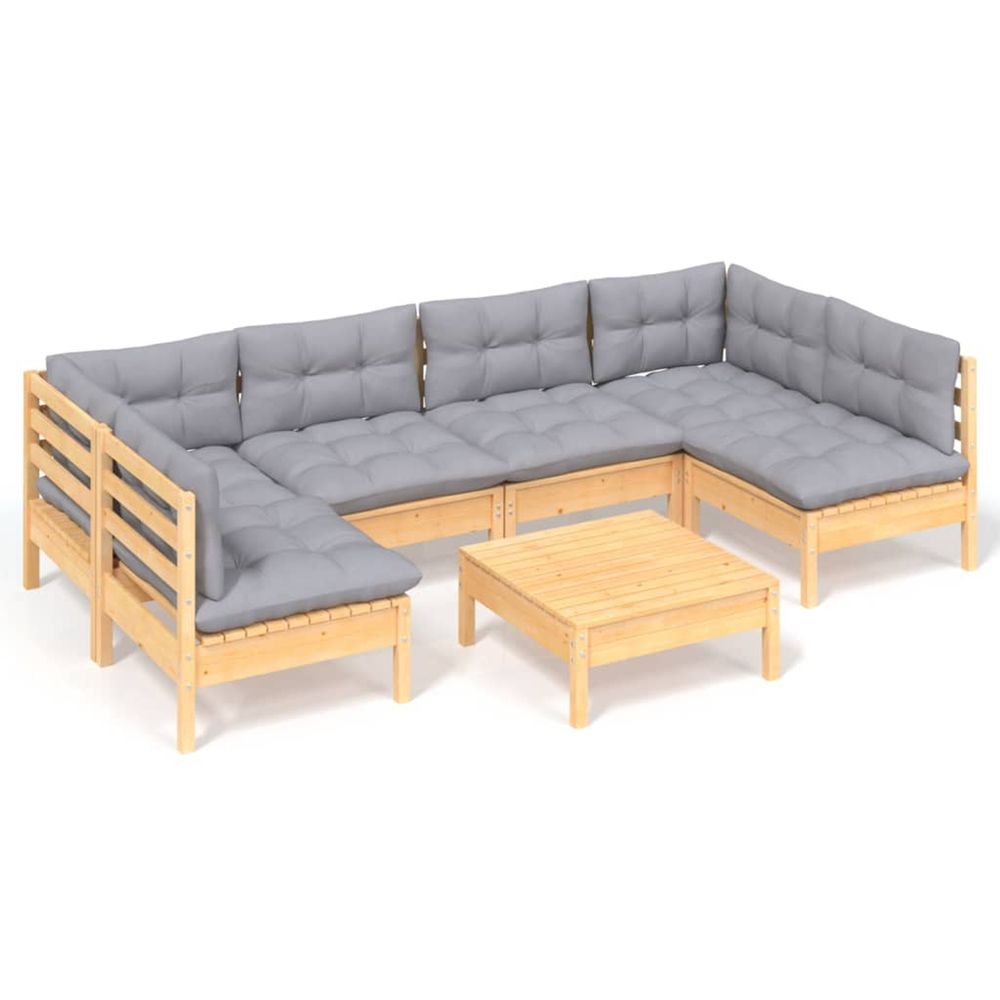 Salon de jardin 7 pcs avec coussins gris bois de pin massif