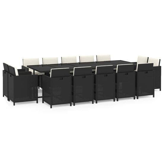 Ensemble à manger de jardin coussins 15 pcs résine tressée noir