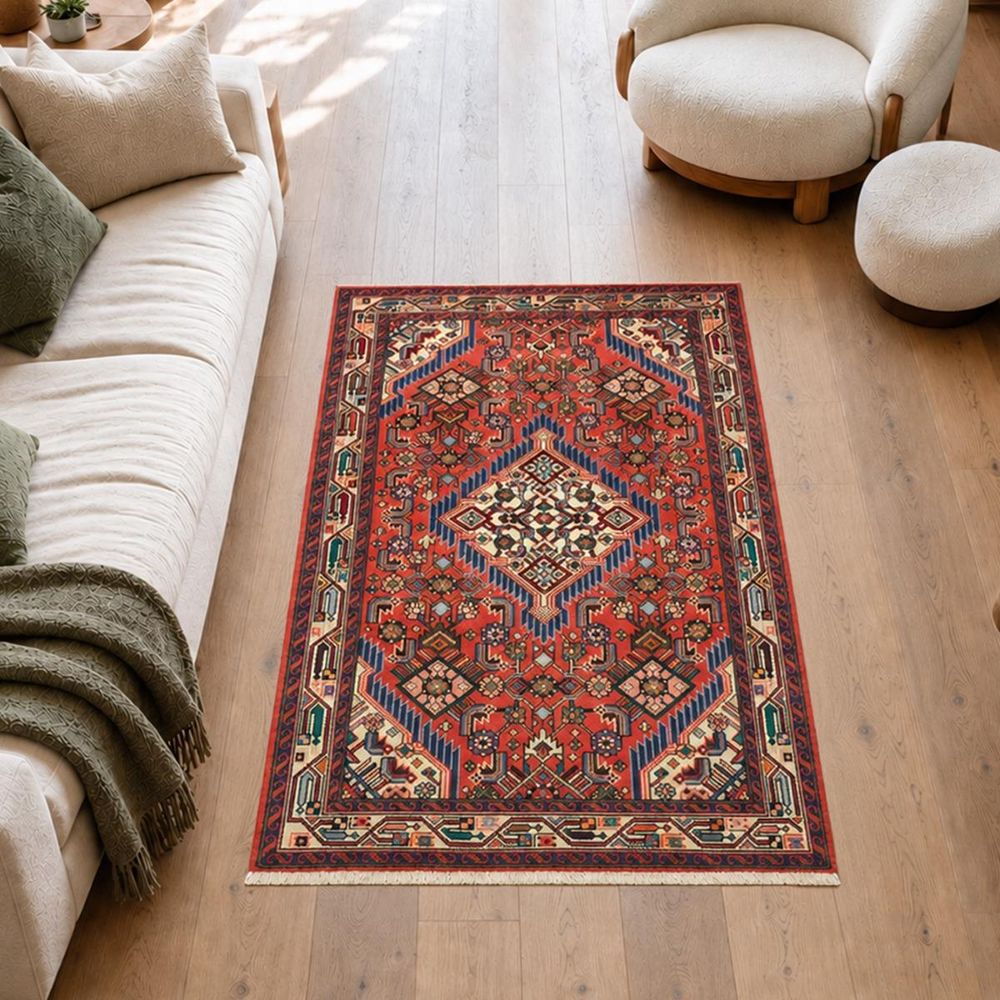 Tapis d'orient 100 x 158 cm, rouge, bleu et crème, noué main, hamadan 25