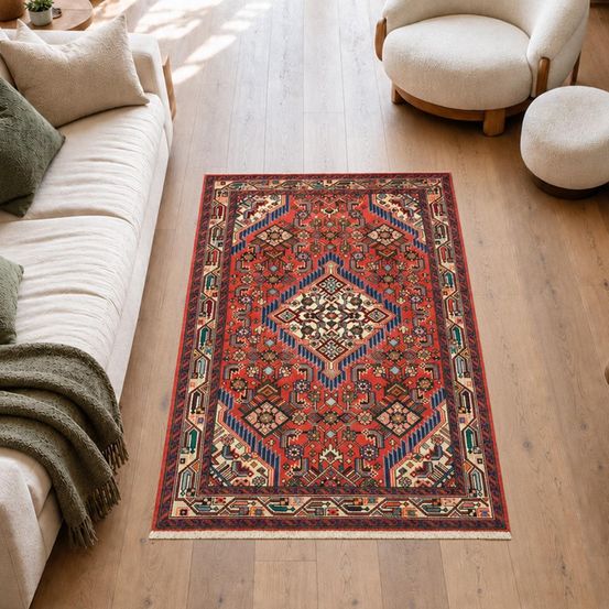Tapis d'orient 100 x 158 cm, rouge, bleu et crème, noué main, hamadan 25