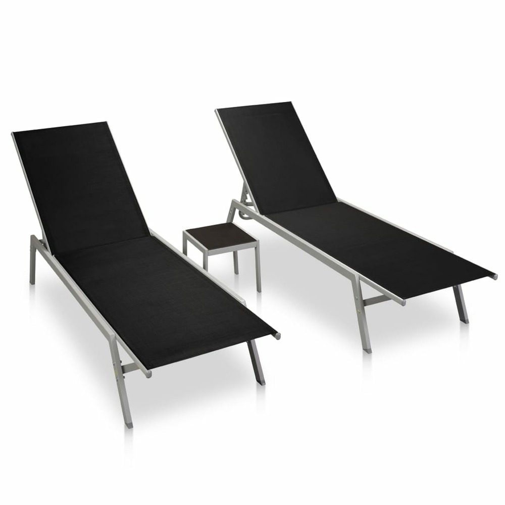 Lot de 2 transats chaise longue bain de soleil lit de jardin terrasse meuble d'extérieur avec table acier et textilène noir 0