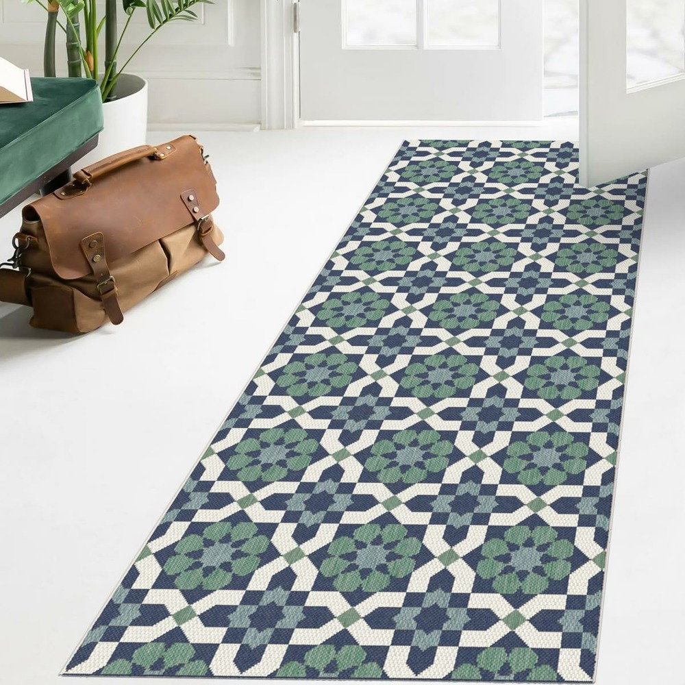 Tapis extérieur 80x200 tissé kilim vert et bleu casada 14