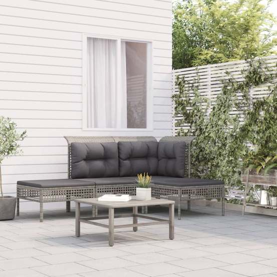 Salon de jardin 4 pcs avec coussins gris résine tressée