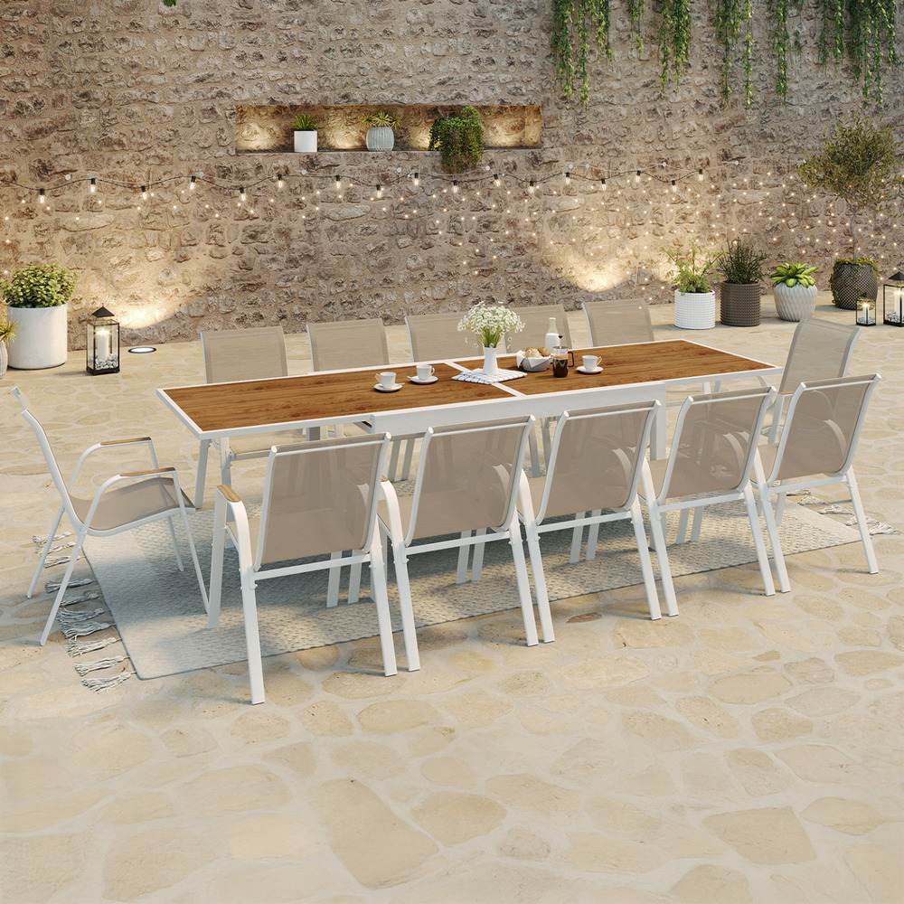 Salon de jardin noumea table extensible 135/270 cm plateau verre trempé effet bois et 12 chaises empilables blanc et bois