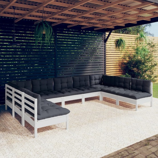 Salon de jardin 9 pcs avec coussins blanc bois de pin massif