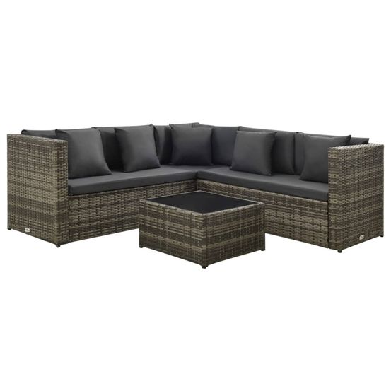 Salon de jardin 4 pcs avec coussins résine tressée gris