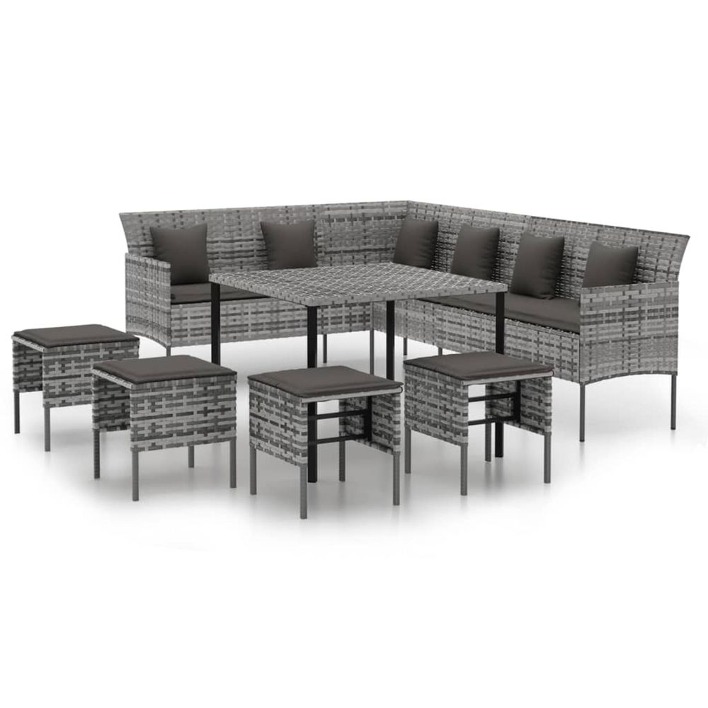 Ensemble à manger jardin 6pcs et coussins gris résine tressée
