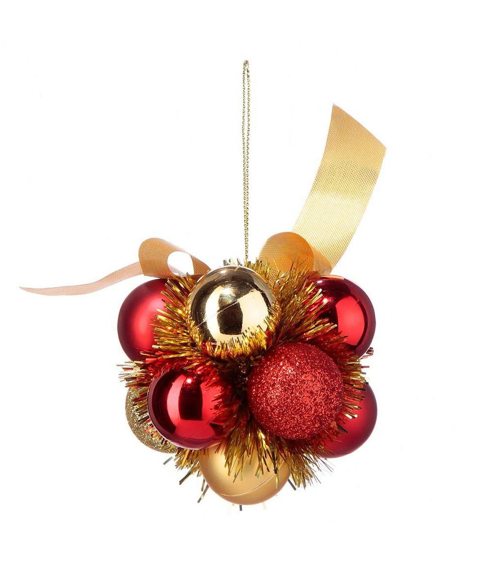 Grappe de 11 boules de noël à suspendre déco rouge et ruban doré