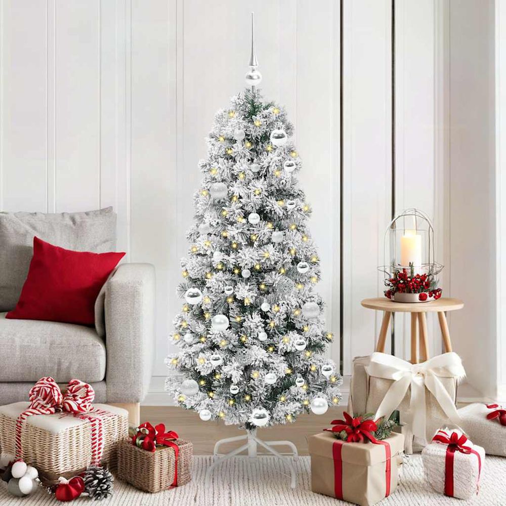 Sapin de noël artificiel design conique 150 cm, vert & blanc, avec guirlande led et 61 boules