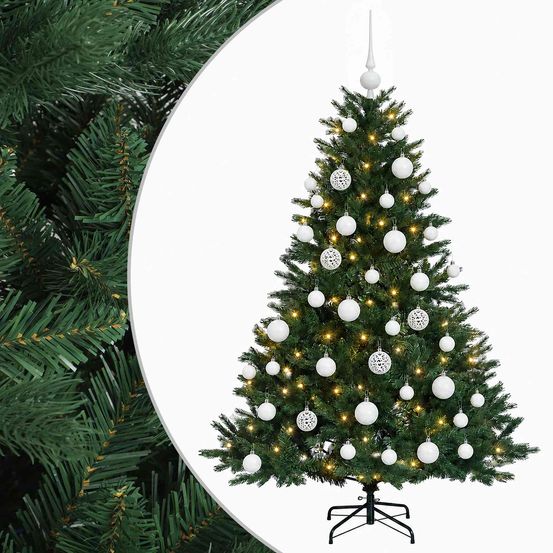 Sapin de noël artificiel avec boules 150 cm 150 led blanc chaud