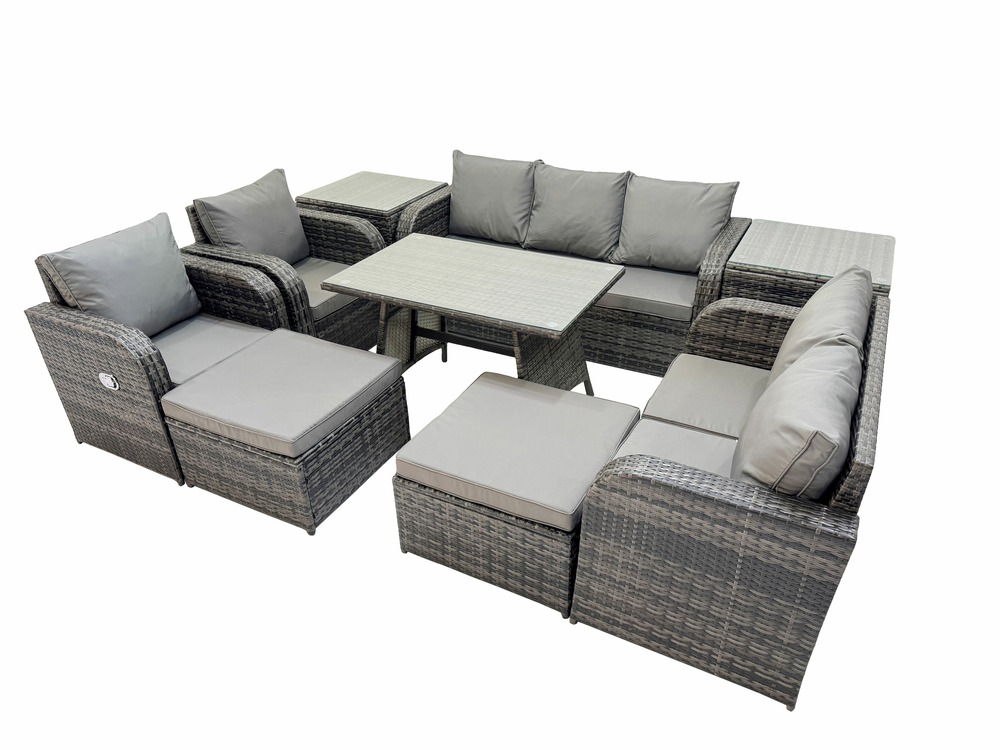 Salon de jardin exterieur 9 places ensemble de canapés en rotin avec table à manger 2 grand tabourets 2 tables d'appoint