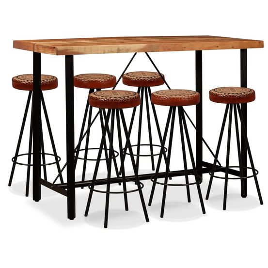 Ensemble de bar 7 pcs bois d'acacia cuir véritable et toile