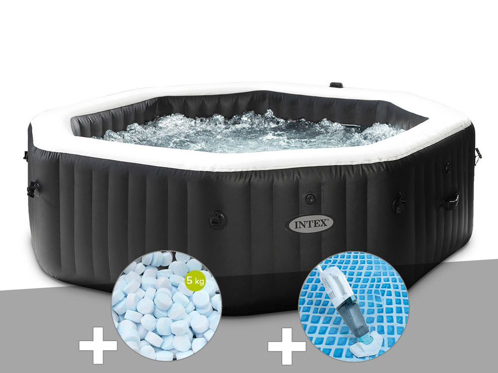 Kit spa gonflable purespa carbone octogonal bulles et jets 6 places + 5 kg de s