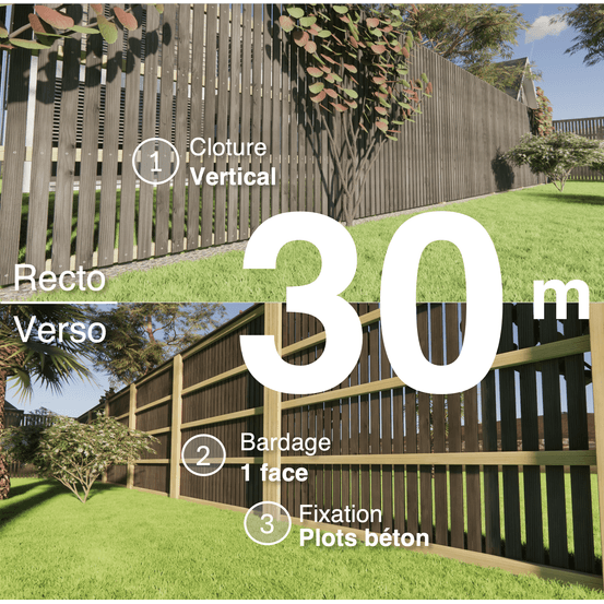 Kit clôture bois moderne 30m – h 2,3m – 20 x 70 mm noir par trempage – pose vertical – simple face – à sceller