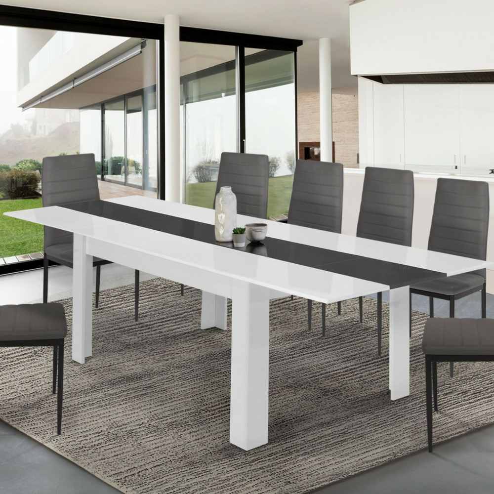 Table à manger extensible rectangle georgia 6-10 personnes blanche et grise 140-220 x 90 cm