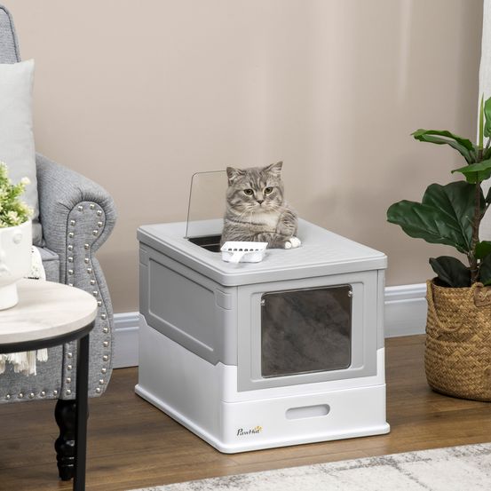 Maison toilette chat fermée plastique anti-odeur sortie haut pelle incluse blanc 48cm