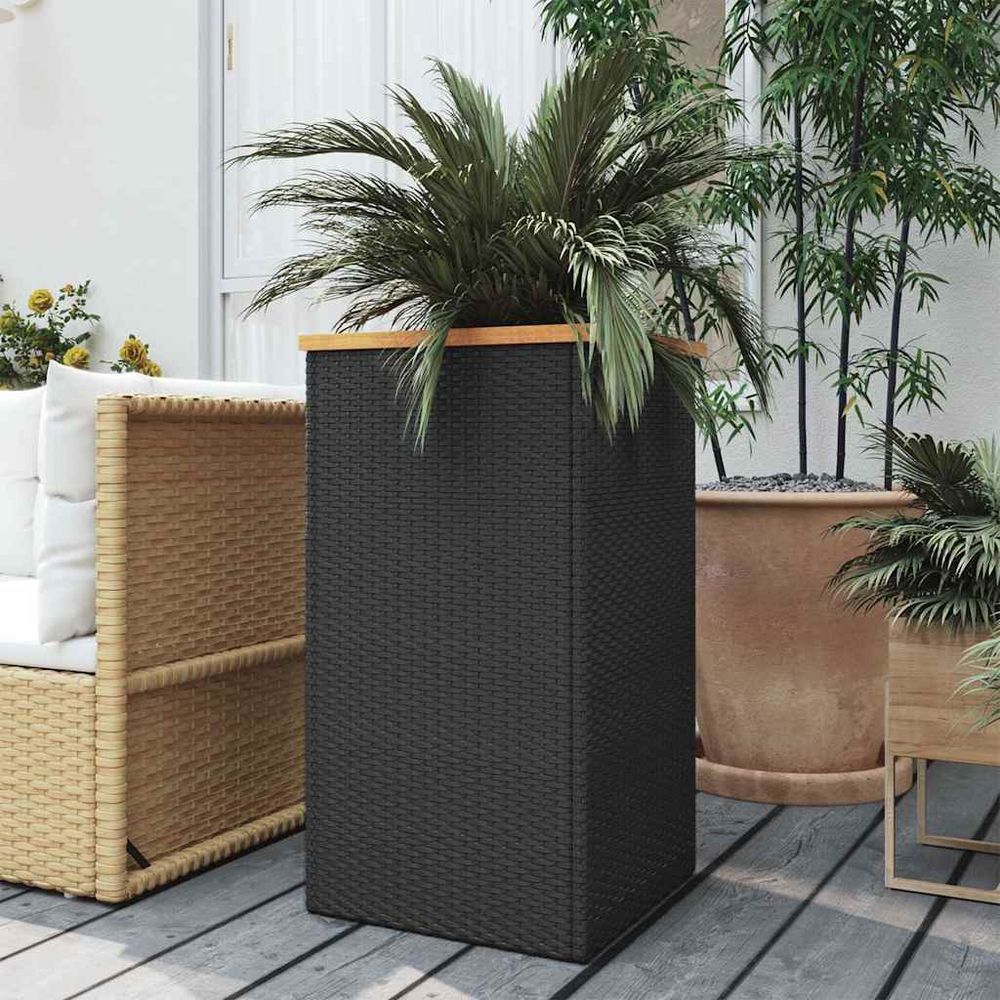 Pot de fleurs haut en résine tressée structure acier et bois acacia avec doublure plastique jardin noir 80 cm