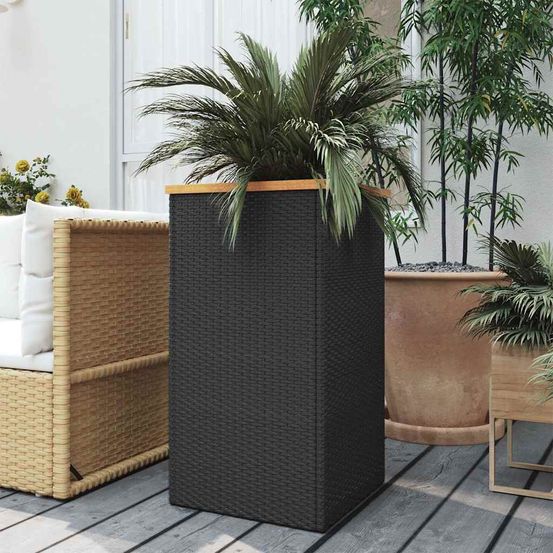 Pot de fleurs haut en résine tressée structure acier et bois acacia avec doublure plastique jardin noir 80 cm