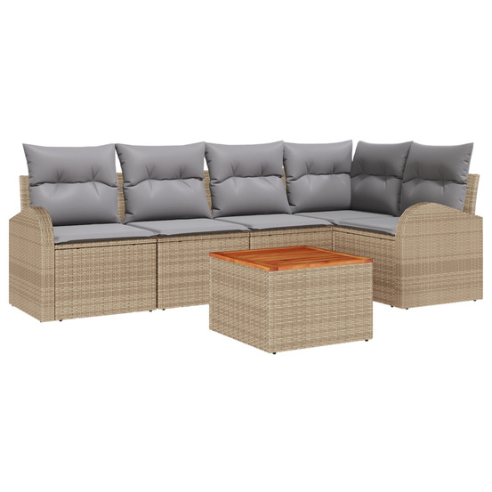 Ensemble de canapés de jardin 6 pièces avec coussins beige poly rattan acacia