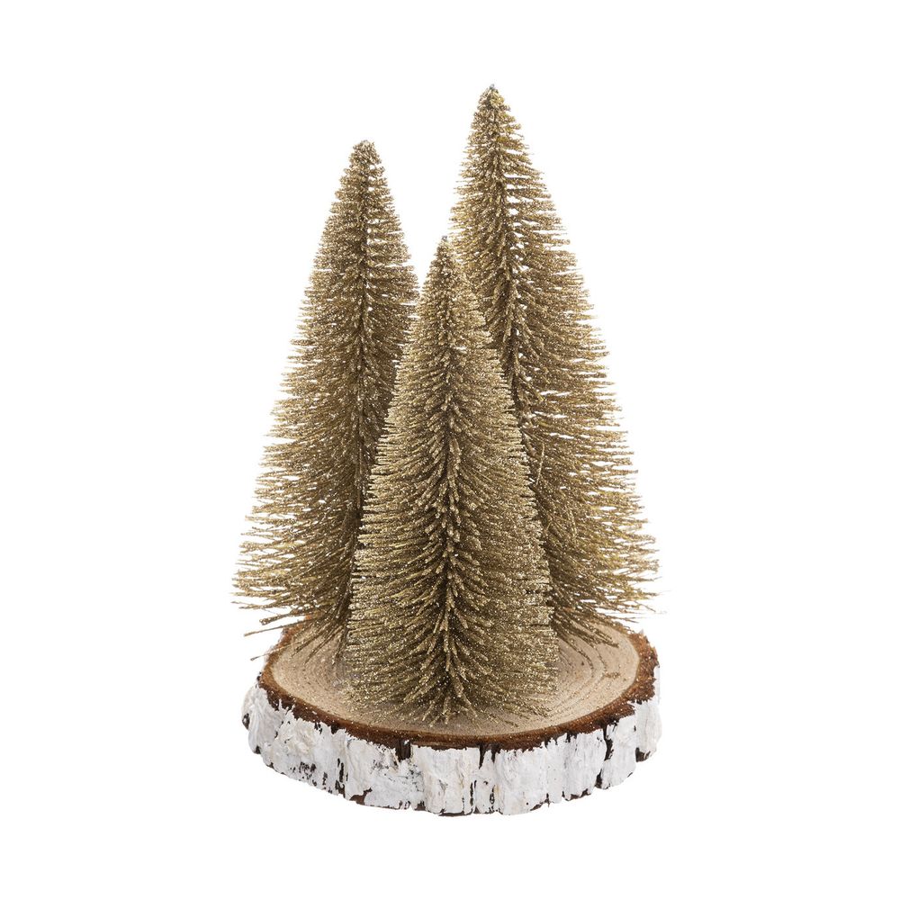Déco de table 3 sapins dorés et pailletés sur rondin d 15 x h 20 cm