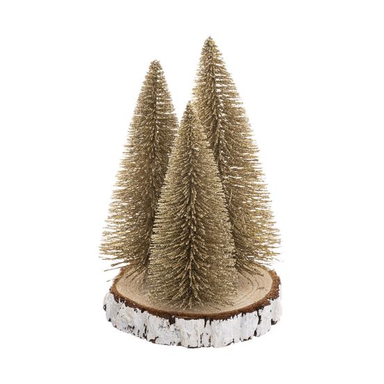 Déco de table 3 sapins dorés et pailletés sur rondin d 15 x h 20 cm