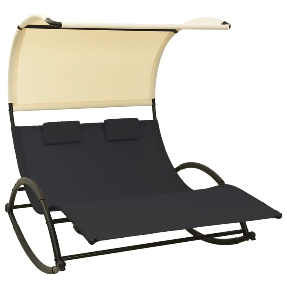 Transat chaise longue bain de soleil lit de jardin terrasse meuble d'extérieur double avec auvent textilène noir et crème 02_