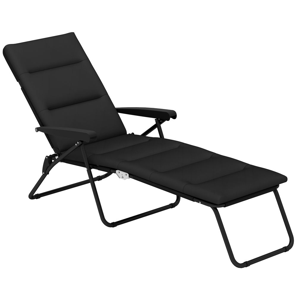 Bain de soleil pliable transat inclinable 6 positions grand confort avec matelas + accoudoirs acier polyester noir