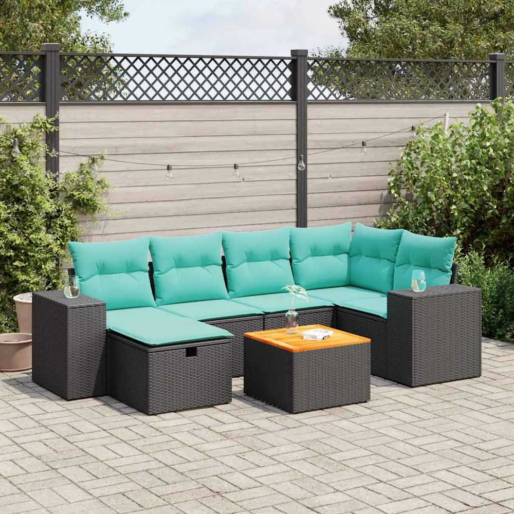 Salon de jardin 7 pcs avec coussins noir résine tressée