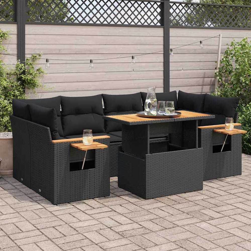 Salon de jardin avec coussins 7 pcs noir résine tressée acacia