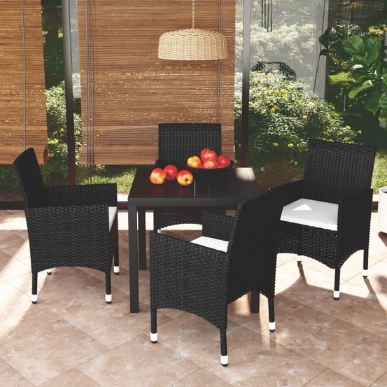 Ensemble à dîner de jardin avec coussins 5 pcs poly rotin noir