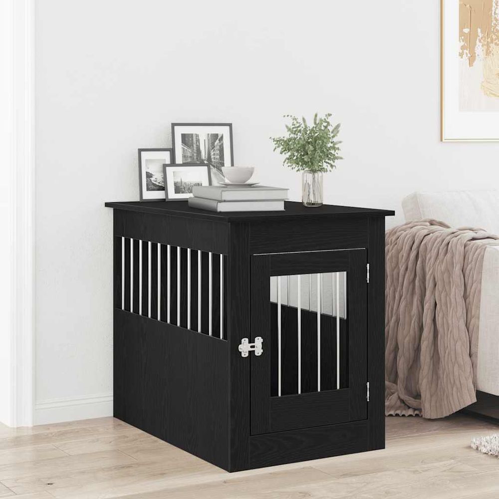 Meuble cage chien 2-en-1 bois acier table d'appoint intérieur chêne noir 68cm