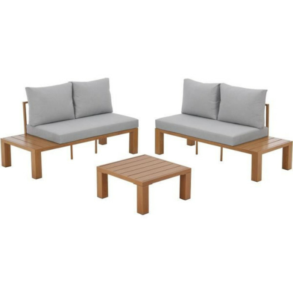 Salon de jardin canapé d'angle - aluminium effet bois - 4 personnes - gris perle