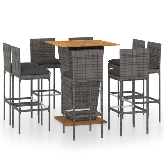 Ensemble de bar de jardin 9 pcs et coussins résine tressée gris