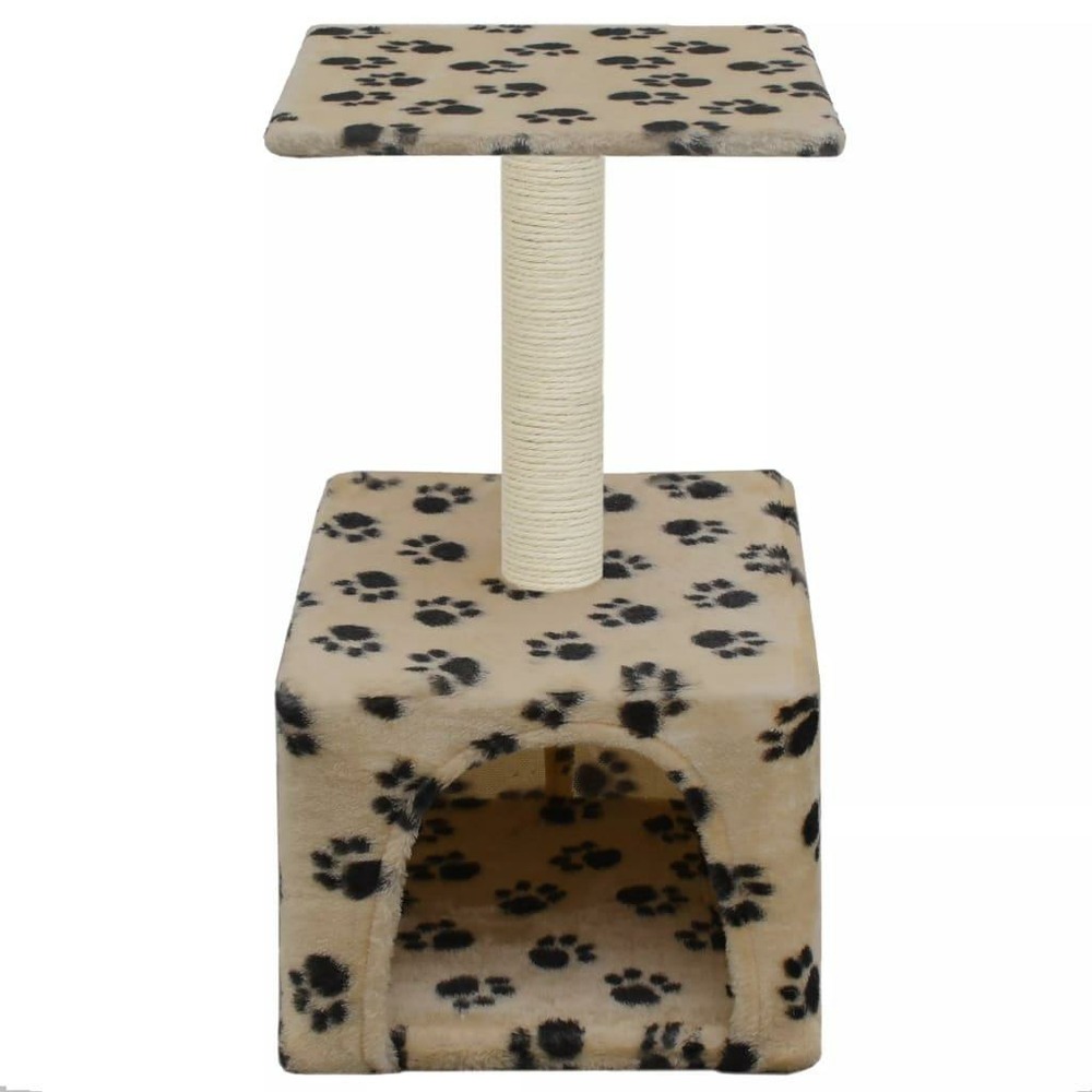Arbre à chat griffoir grattoir niche jouet animaux peluché en sisal 55 cm beige motif de pattes
