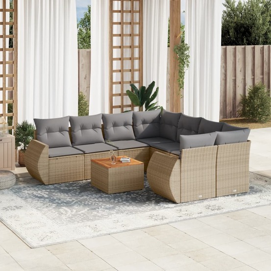 Salon de jardin avec coussins 9 pcs beige résine tressée